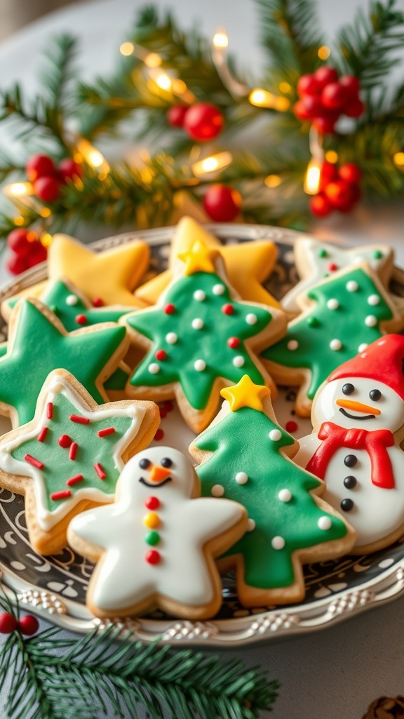 A variety of decorated Christmas cookies in festive shapes on a platter, surrounded by holiday decorations.